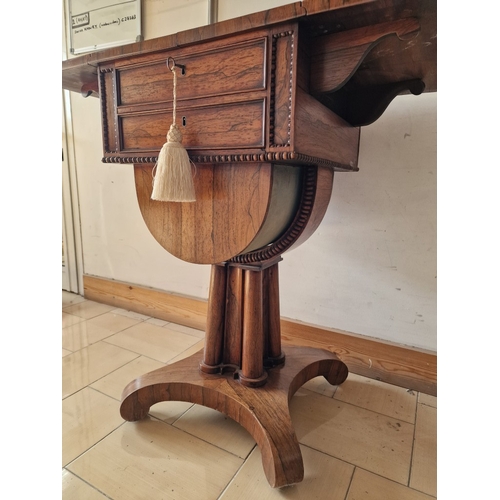 65 - Excellent Antique Rosewood Work Table, Circa 19th Century, Drop Leaf Table with 4-Cluster Column Ped... 
