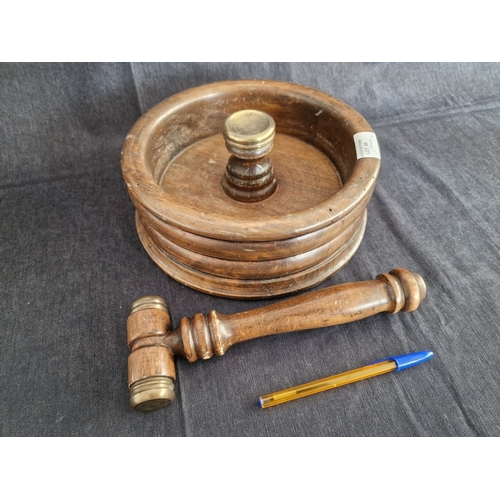 66 - Large / Heavy Vintage Solid Wood Nutcracker Bowl and Hammer Set, with Reinforced Brass Caps, (Approx... 