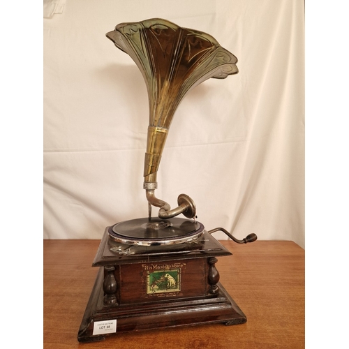 68 - HMV (His Master's Voice) Horn Gramophone with Wooden Base, Made in England, * Basic Test, Winds Up &... 