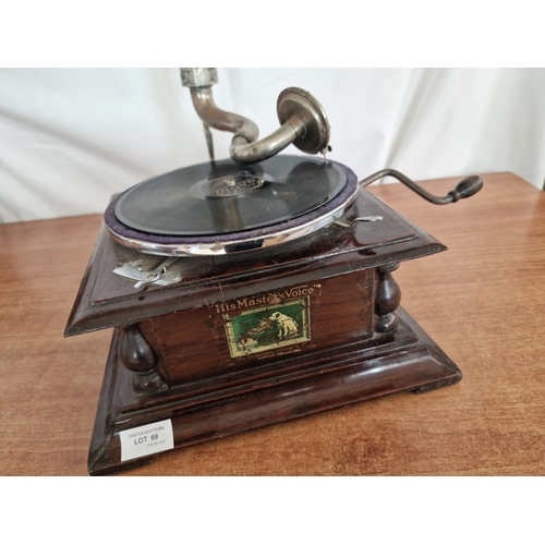 68 - HMV (His Master's Voice) Horn Gramophone with Wooden Base, Made in England, * Basic Test, Winds Up &... 