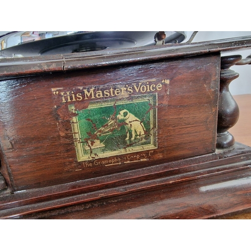 68 - HMV (His Master's Voice) Horn Gramophone with Wooden Base, Made in England, * Basic Test, Winds Up &... 