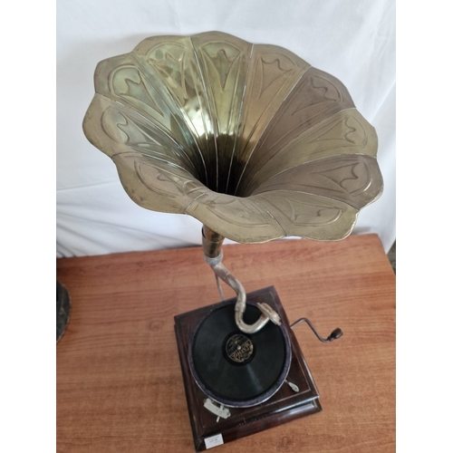 68 - HMV (His Master's Voice) Horn Gramophone with Wooden Base, Made in England, * Basic Test, Winds Up &... 