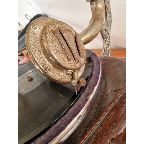 68 - HMV (His Master's Voice) Horn Gramophone with Wooden Base, Made in England, * Basic Test, Winds Up &... 