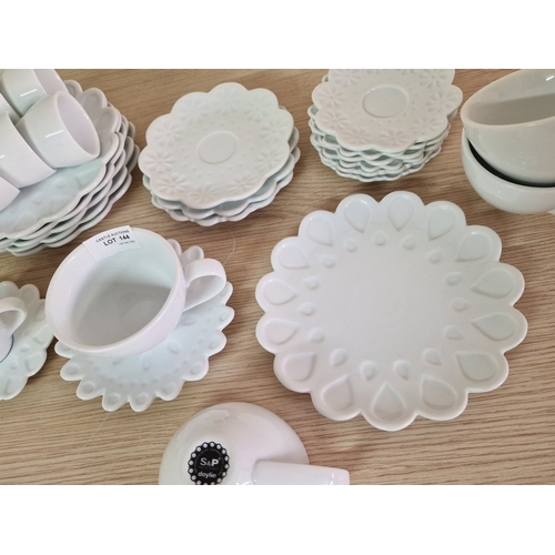 144 - S&P (Salt & Pepper) 'Doylie' Tea Set; Modern White Shaped Tea Cups, Coffee Cups and Side Plates, (se... 