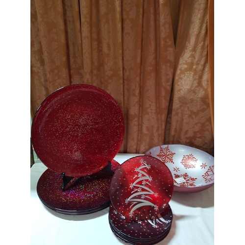 102 - Christmas Red Glass Tableware; 4x Large Serving Plates (Approx. Ø:37cm Each), Large Bowl with Emboss... 