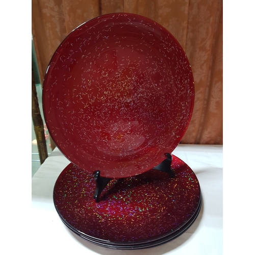 102 - Christmas Red Glass Tableware; 4x Large Serving Plates (Approx. Ø:37cm Each), Large Bowl with Emboss... 