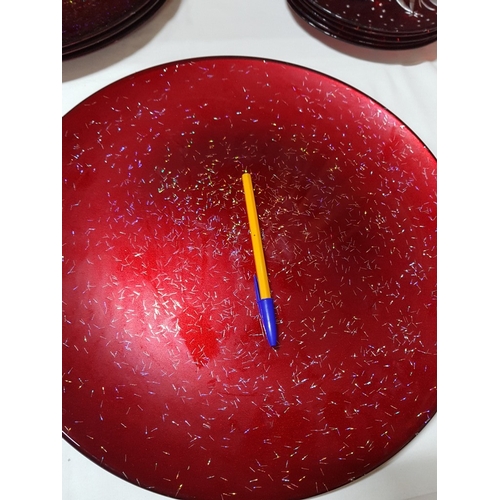 102 - Christmas Red Glass Tableware; 4x Large Serving Plates (Approx. Ø:37cm Each), Large Bowl with Emboss... 