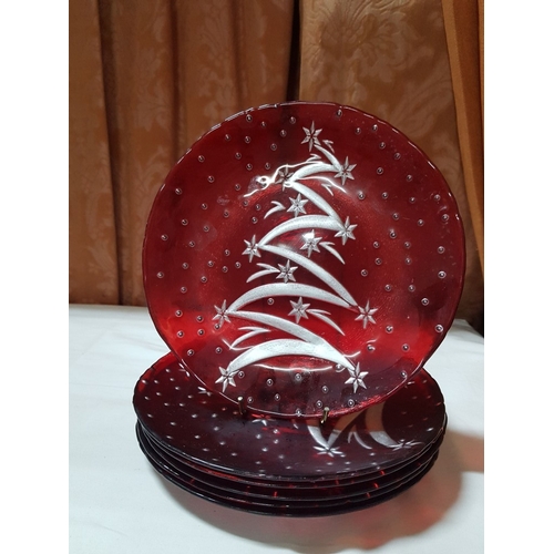 102 - Christmas Red Glass Tableware; 4x Large Serving Plates (Approx. Ø:37cm Each), Large Bowl with Emboss... 