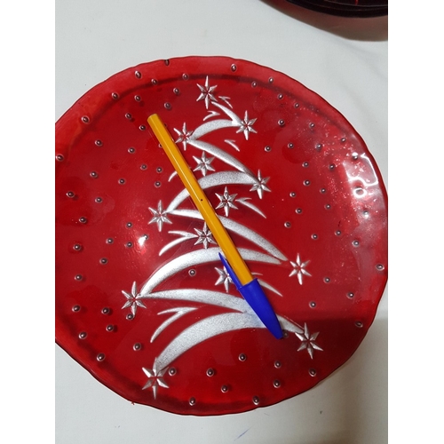 102 - Christmas Red Glass Tableware; 4x Large Serving Plates (Approx. Ø:37cm Each), Large Bowl with Emboss... 