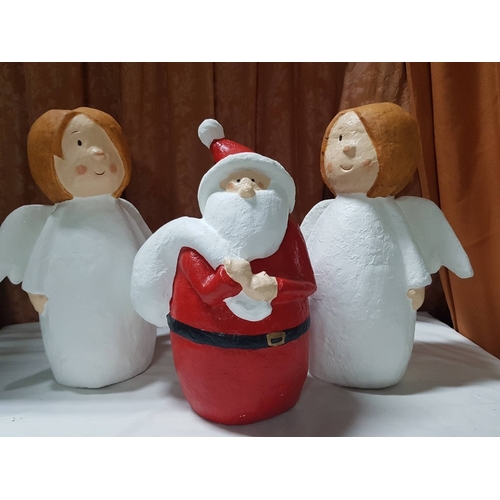 57 - Paper Mache Christmas Figurines; Santa with Gift Bag (Approx. H: 39.5cm) and 2x Angels (Approx. H: 4... 