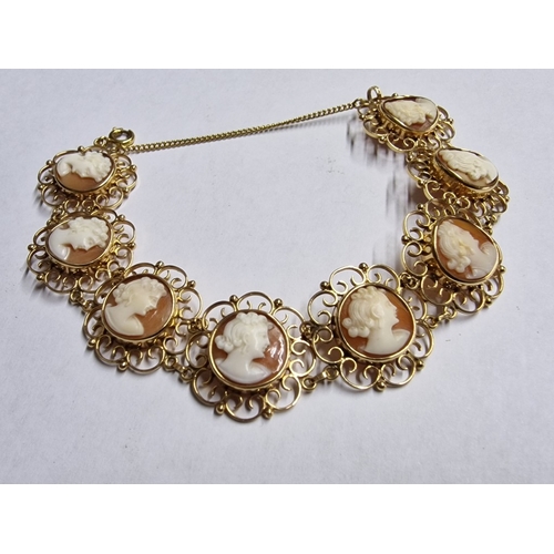 96 - Charming 18ct Gold Cameo Bracelet; 8 x Round Carved Shell Cameos in Decorative Gold Surround (each A... 
