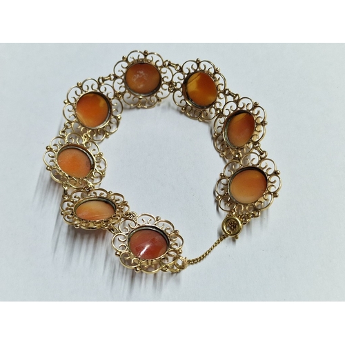 96 - Charming 18ct Gold Cameo Bracelet; 8 x Round Carved Shell Cameos in Decorative Gold Surround (each A... 