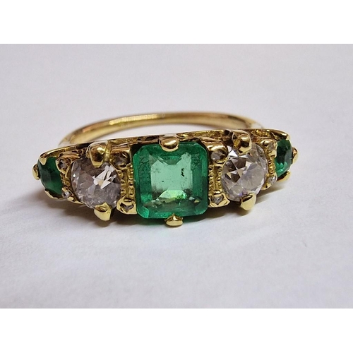 70A - Victorian 18ct Gold, Diamond and Emerald Ring; 5-Stone with Central Radiant Cut Emerald (Approx. 6mm... 