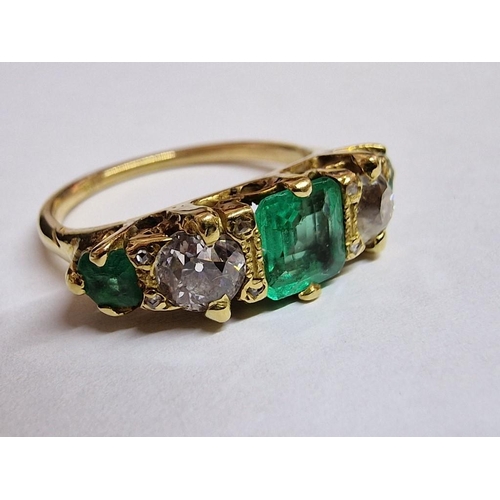 70A - Victorian 18ct Gold, Diamond and Emerald Ring; 5-Stone with Central Radiant Cut Emerald (Approx. 6mm... 