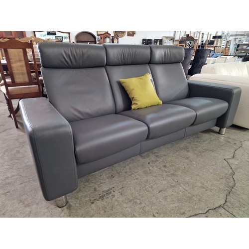 100A - 'Ekornes' Stressless Space Sofa; Designer 3-Seater Grey Leather High Back Reclining Sofa Over Chrome... 