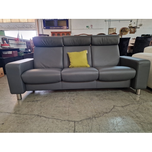 100A - 'Ekornes' Stressless Space Sofa; Designer 3-Seater Grey Leather High Back Reclining Sofa Over Chrome... 