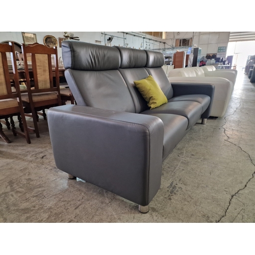 100A - 'Ekornes' Stressless Space Sofa; Designer 3-Seater Grey Leather High Back Reclining Sofa Over Chrome... 