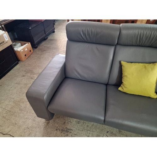 100A - 'Ekornes' Stressless Space Sofa; Designer 3-Seater Grey Leather High Back Reclining Sofa Over Chrome... 