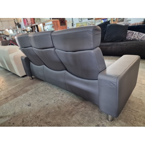 100A - 'Ekornes' Stressless Space Sofa; Designer 3-Seater Grey Leather High Back Reclining Sofa Over Chrome... 