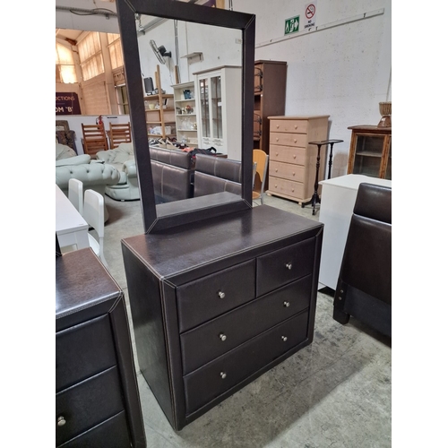Dark Brown Leatherette Clad Dressing Table / 4-Drawer Chest of Drawers with  Mirror Above, (Approx. 9