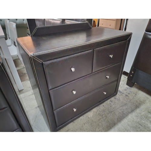 Dark Brown Leatherette Clad Dressing Table / 4-Drawer Chest of Drawers with  Mirror Above, (Approx. 9
