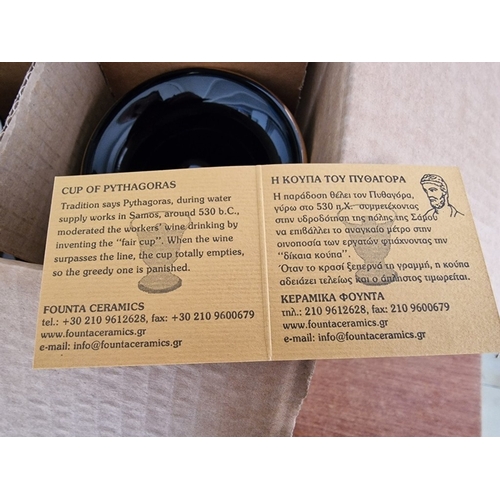 92 - Box of 30 x 'Cup of Pythagoras', Decorative Black Porcelain White Goblets with Gold Tone Greek Decor... 