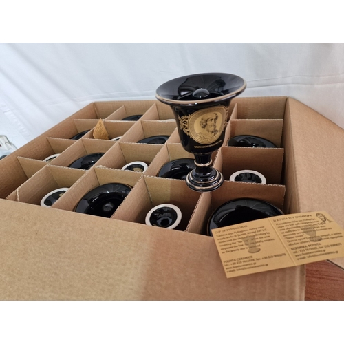 95 - Box of 30 x 'Cup of Pythagoras', Decorative Black Porcelain White Goblets with Gold Tone Greek Decor... 
