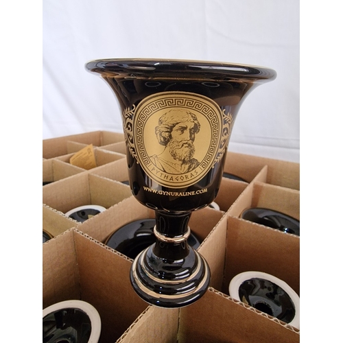 95 - Box of 30 x 'Cup of Pythagoras', Decorative Black Porcelain White Goblets with Gold Tone Greek Decor... 