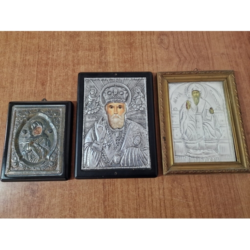 614D - 3 x Icons; Including .950 Silver Relief and 2 x White Metal Others, (Approx. Max. 22 x 17cm), (3)