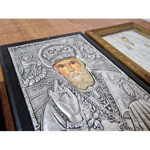 614D - 3 x Icons; Including .950 Silver Relief and 2 x White Metal Others, (Approx. Max. 22 x 17cm), (3)