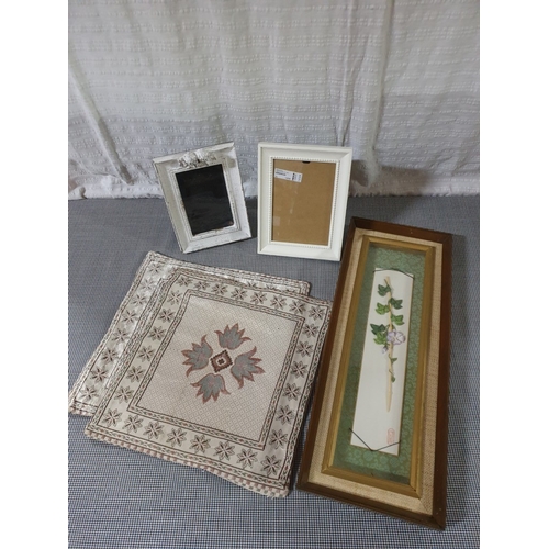 645D - Two Lefkara Embroidered Cushion Covers & Two White Picture Frames Together With A Chinese Silk Frame... 