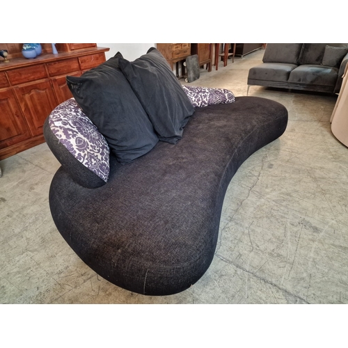 679D - Large Shapely Chaise Sofa, in Black Fabric with Purple & White Patterned Curved & Sloping Back Rest,... 