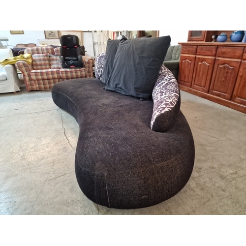 679D - Large Shapely Chaise Sofa, in Black Fabric with Purple & White Patterned Curved & Sloping Back Rest,... 