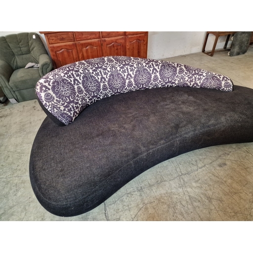 679D - Large Shapely Chaise Sofa, in Black Fabric with Purple & White Patterned Curved & Sloping Back Rest,... 