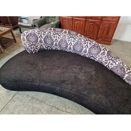 679D - Large Shapely Chaise Sofa, in Black Fabric with Purple & White Patterned Curved & Sloping Back Rest,... 