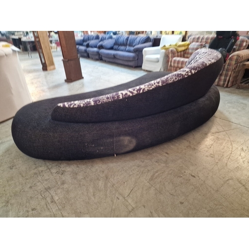 679D - Large Shapely Chaise Sofa, in Black Fabric with Purple & White Patterned Curved & Sloping Back Rest,... 