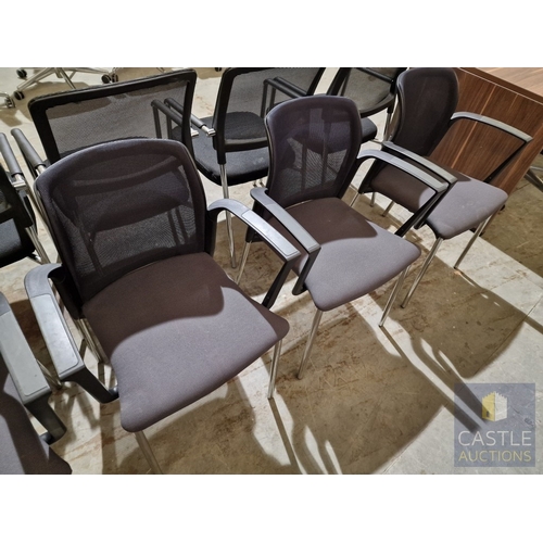689D - Set of 6 x Black Office Chairs with Arms, Fabric Seat and Mesh Back, Over Chrome Legs, (6)