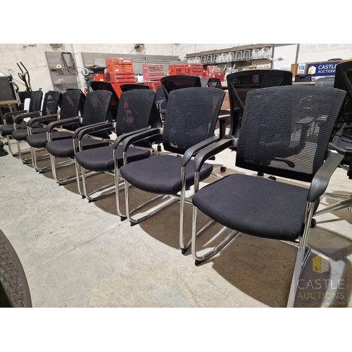 695D - Set of 7 x Black Office Chairs with Arms, Fabric Seats and Mesh Back, Over Chrome Legs, (7)