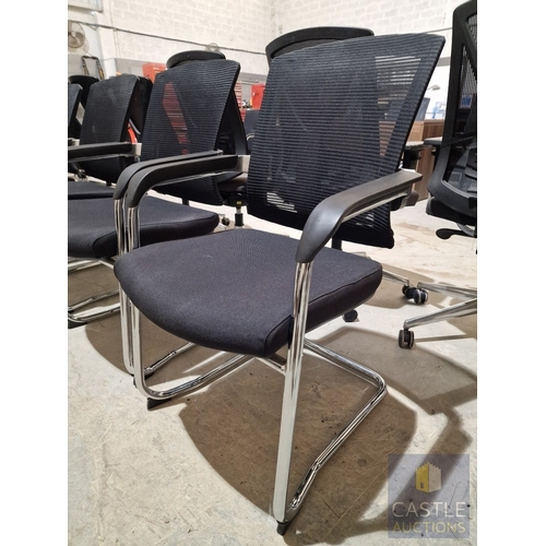 695D - Set of 7 x Black Office Chairs with Arms, Fabric Seats and Mesh Back, Over Chrome Legs, (7)