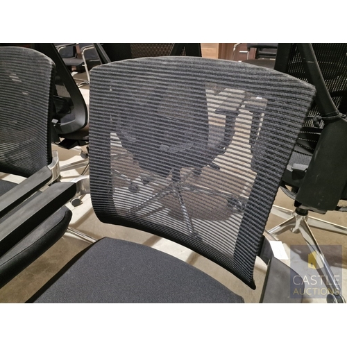 695D - Set of 7 x Black Office Chairs with Arms, Fabric Seats and Mesh Back, Over Chrome Legs, (7)