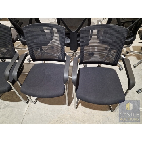 695D - Set of 7 x Black Office Chairs with Arms, Fabric Seats and Mesh Back, Over Chrome Legs, (7)