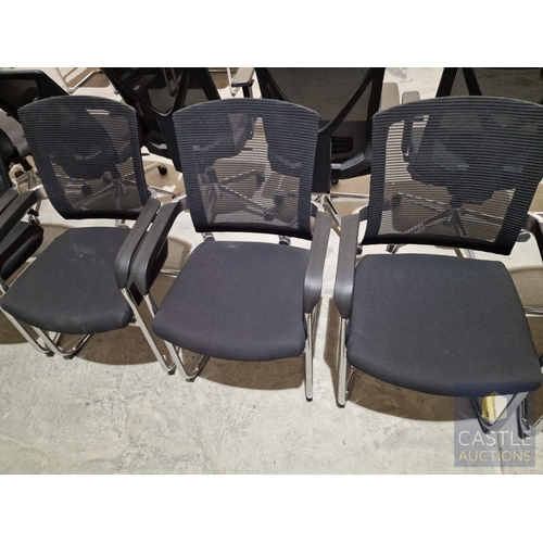 695D - Set of 7 x Black Office Chairs with Arms, Fabric Seats and Mesh Back, Over Chrome Legs, (7)