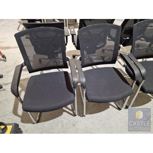 695D - Set of 7 x Black Office Chairs with Arms, Fabric Seats and Mesh Back, Over Chrome Legs, (7)