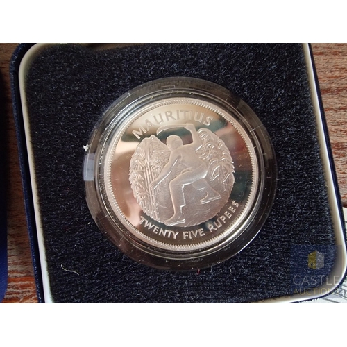 165 - 2 x Mauritius (1977) Sterling Silver Proof Crown Coins (25 Pence), to Commemorate the Queen's Silver... 