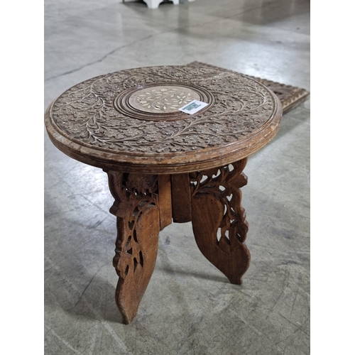 621B - Vintage Carved Wood Round Side Table with Inlaid Top, Over Folding 3-Part Legs, (Approx. Ø: 30cm, H:... 
