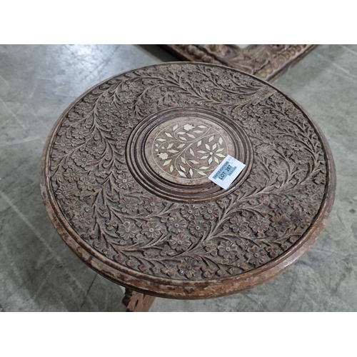 621B - Vintage Carved Wood Round Side Table with Inlaid Top, Over Folding 3-Part Legs, (Approx. Ø: 30cm, H:... 