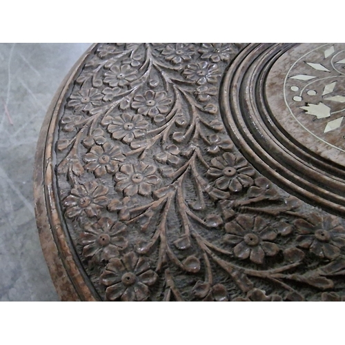 621B - Vintage Carved Wood Round Side Table with Inlaid Top, Over Folding 3-Part Legs, (Approx. Ø: 30cm, H:... 
