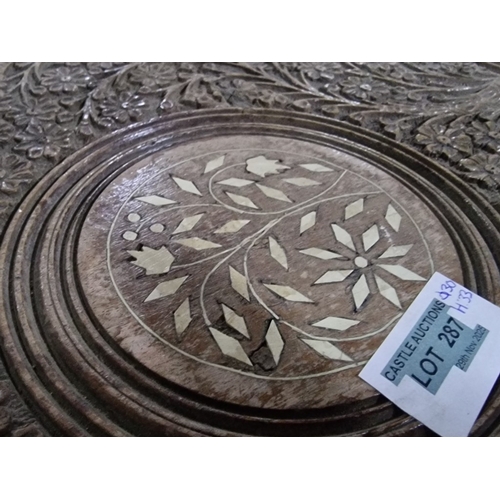 621B - Vintage Carved Wood Round Side Table with Inlaid Top, Over Folding 3-Part Legs, (Approx. Ø: 30cm, H:... 