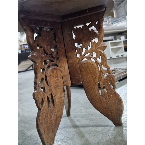 621B - Vintage Carved Wood Round Side Table with Inlaid Top, Over Folding 3-Part Legs, (Approx. Ø: 30cm, H:... 