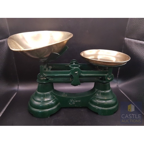 19 - Vintage green Librasco kitchen scales with 2 brass pans & set of 7 brass weights